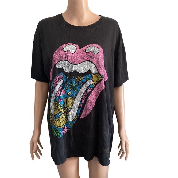 The Rolling Stones Tshirt Mens Small Black Pink Blue Hippie Floral - Picture 1 of 10